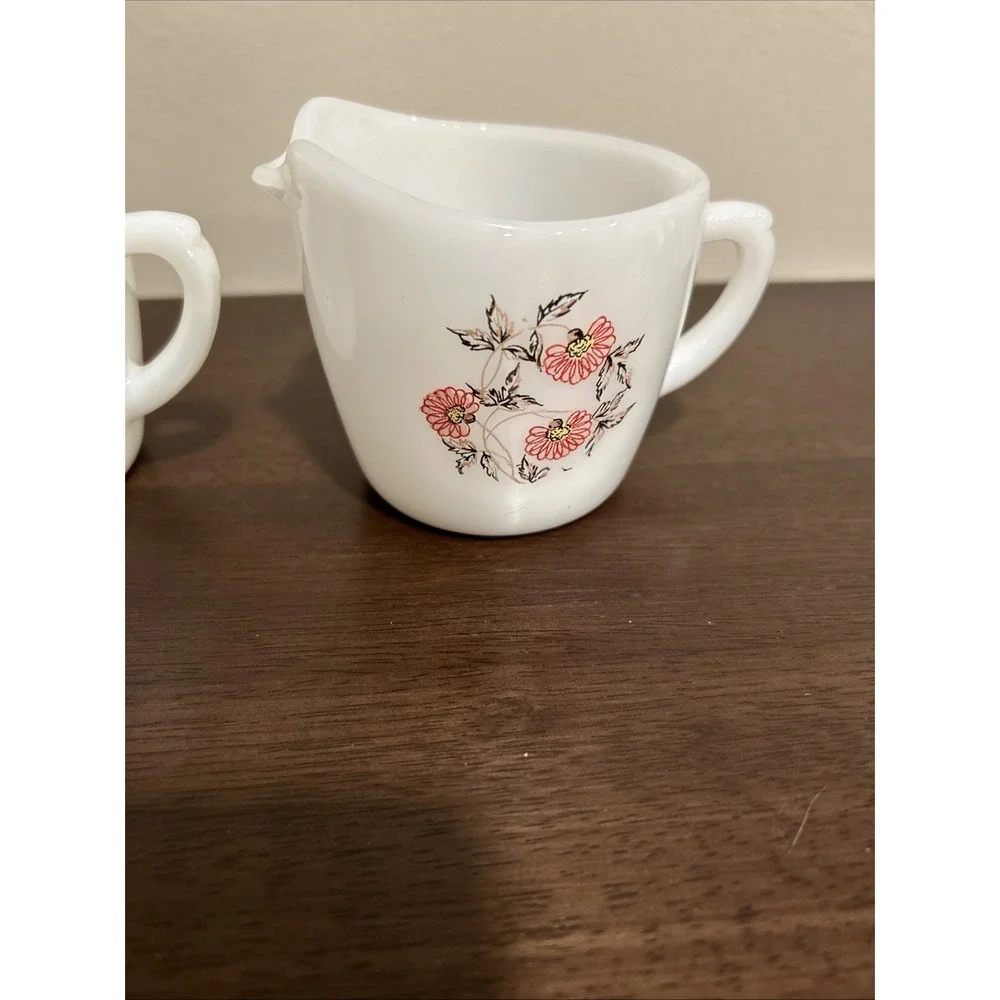 Fire King Fleurette Cream and Sugar Set Milk‎ Glass Floral Vintage